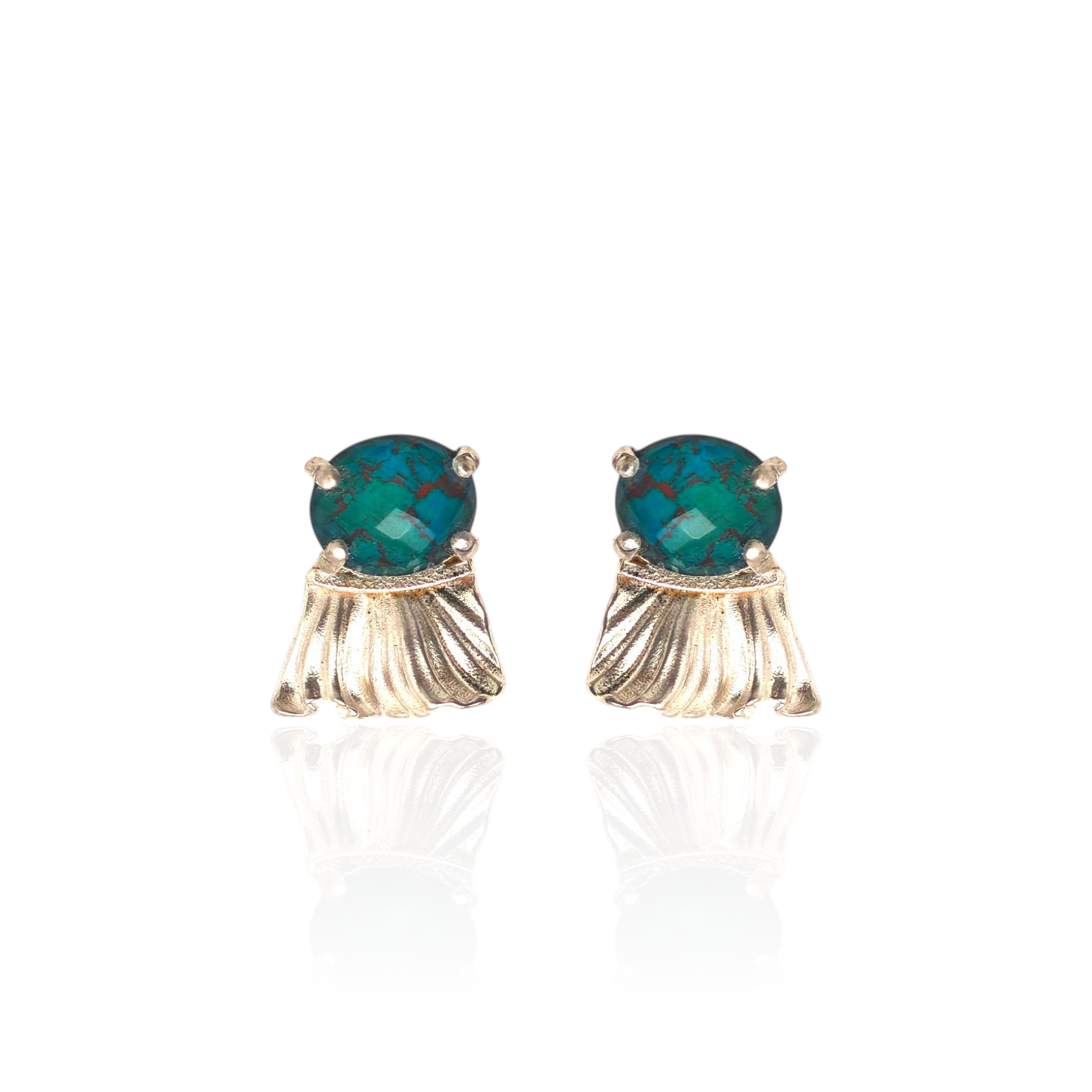 Pair of earrings with green gemstones and gold fringe on a white background