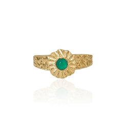 Gold ring with a green gemstone on a white background