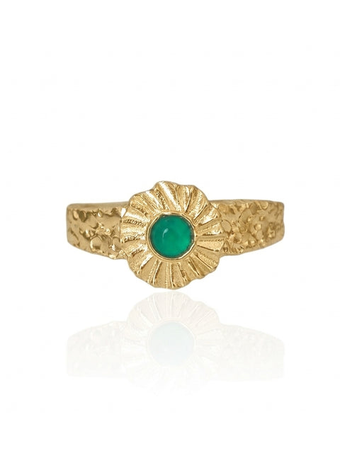 Gold ring with a green gemstone on a white background