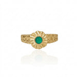 Gold ring with a green gemstone on a white background