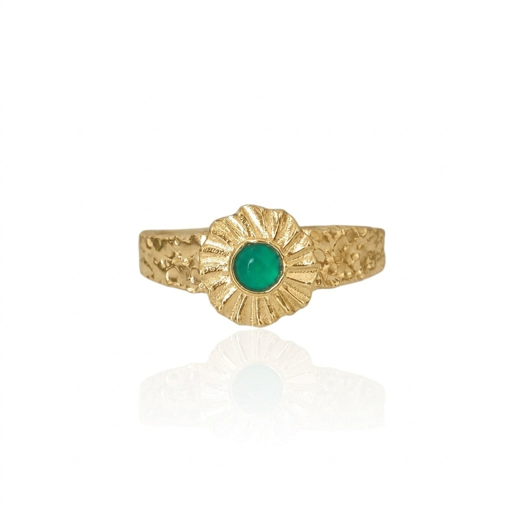 Gold ring with a green gemstone on a white background