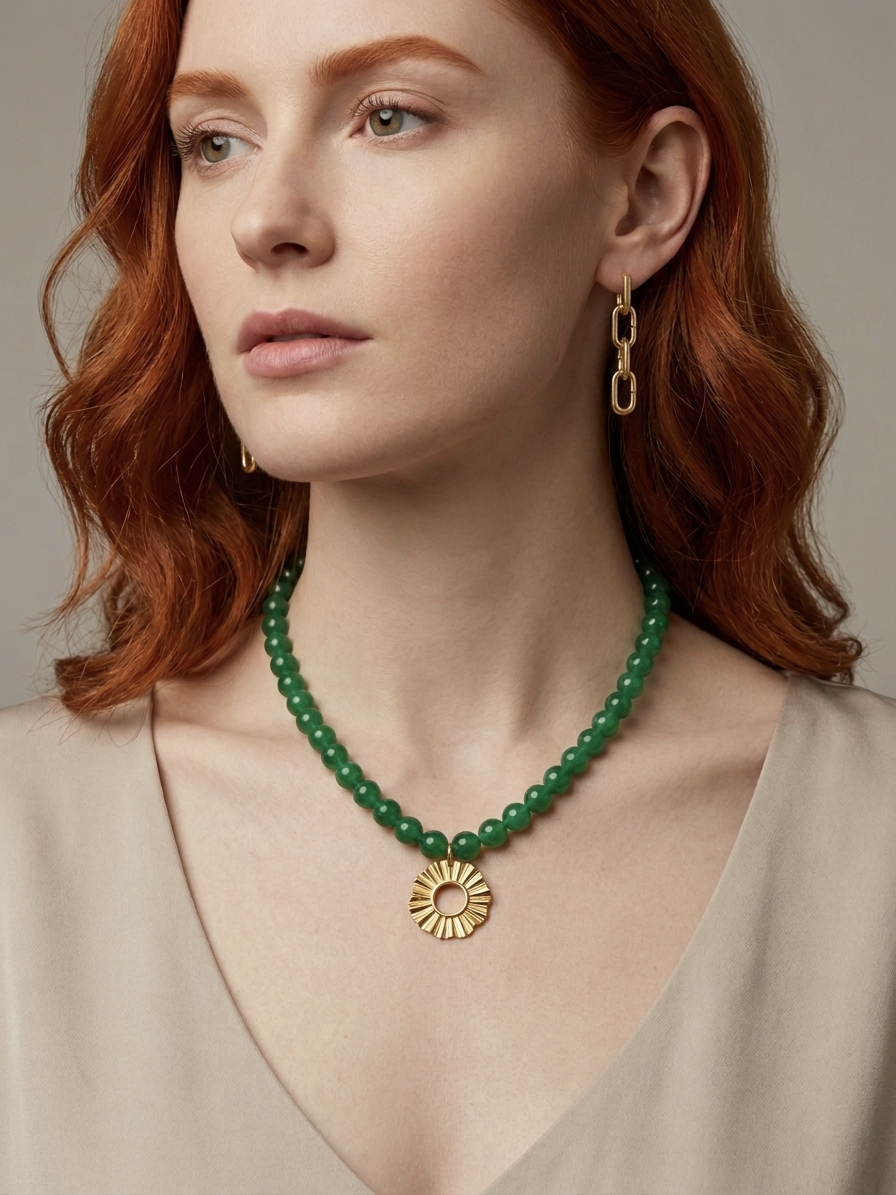 Green agate necklace with Helios sun charm worn on model
