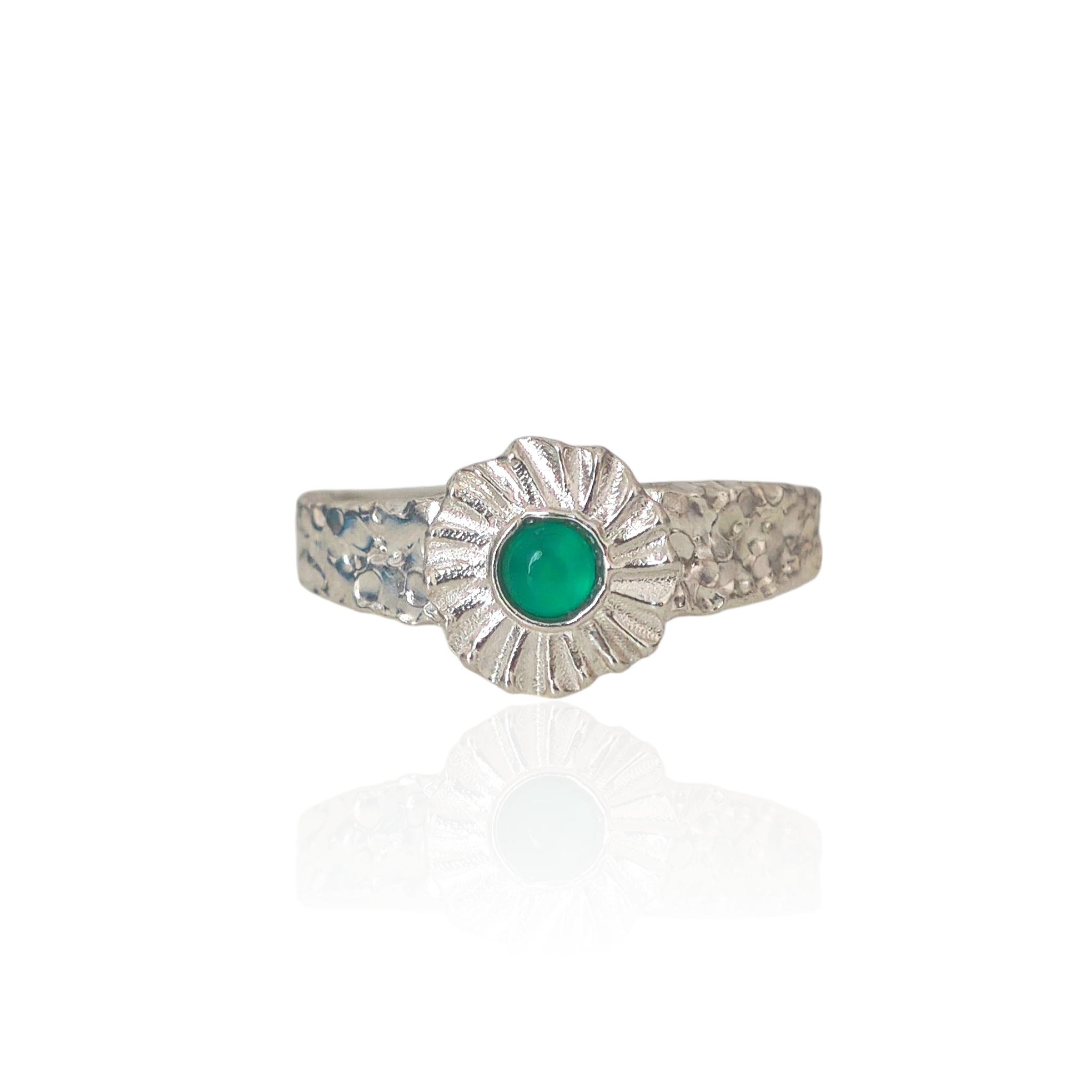 Silver ring with a green gemstone on a white background