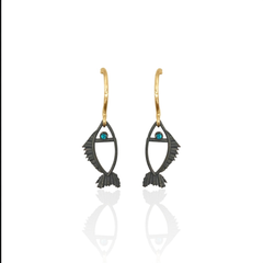 Black fish-shaped earrings with gold hooks and evil eye by Athenart greek jewelry
