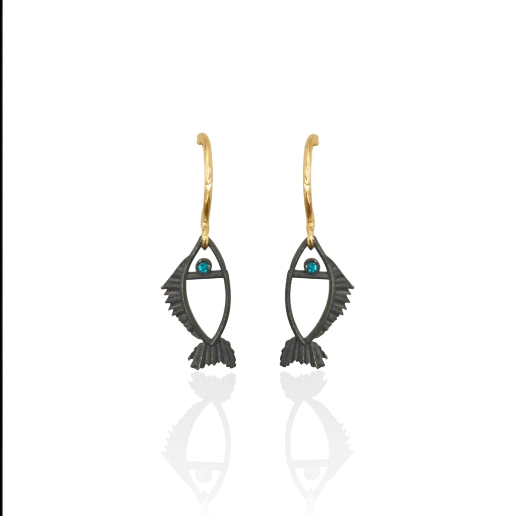 Black fish-shaped earrings with gold hooks and evil eye by Athenart greek jewelry