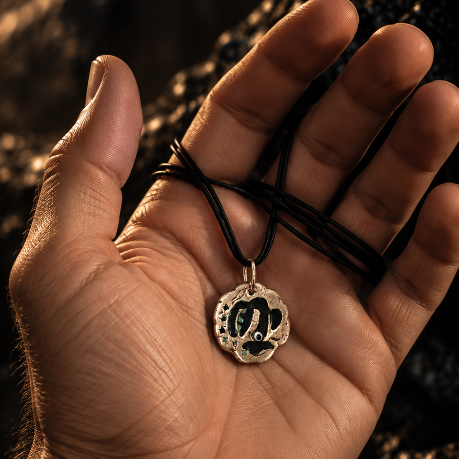 One of a kind unisex talisman pendant displayed on a man’s hand, handmade by Athenart Jewelry in Athens, Greece.