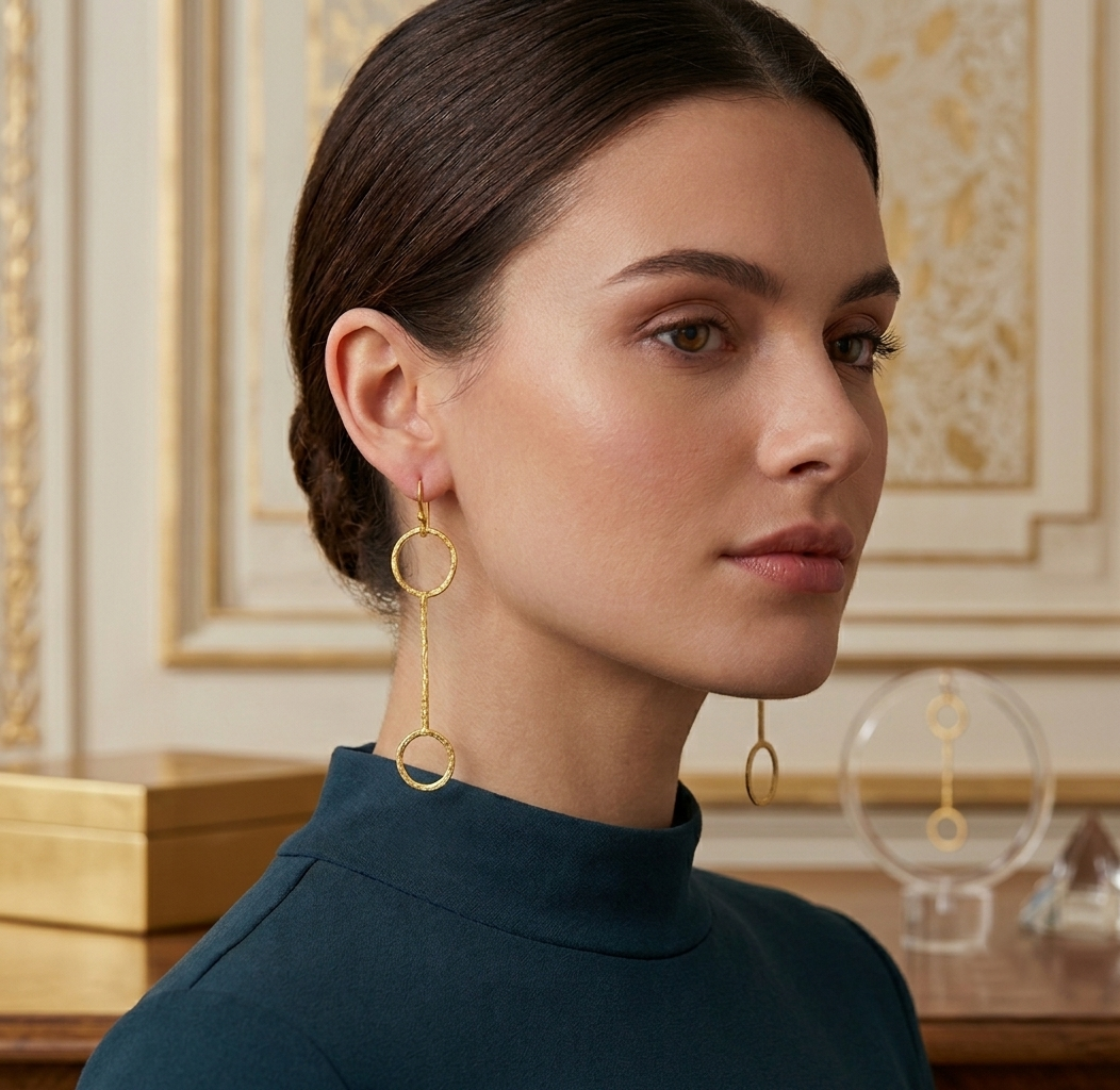 Woman wearing gold hoop earrings with a decorative background