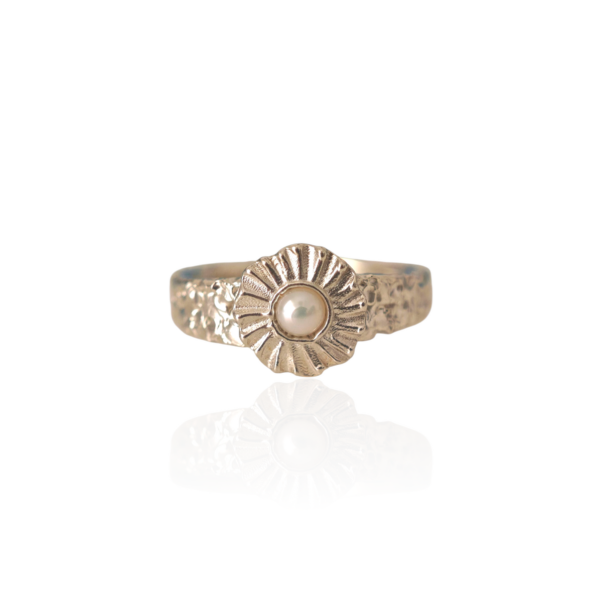 sILVER ring with a pearl center on a white background