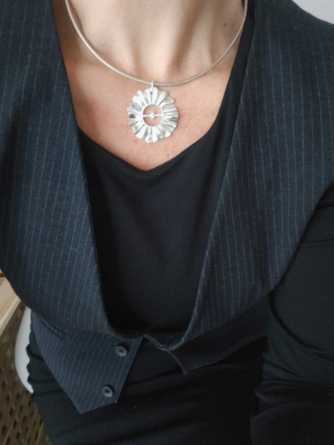 Helios silver choker necklace worn with black outfit