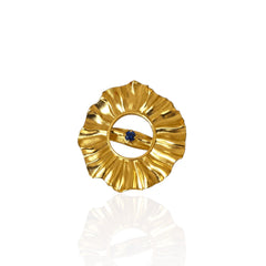 Helios big ring in gold-plated silver with central blue zircon, ripple sun design, product on white