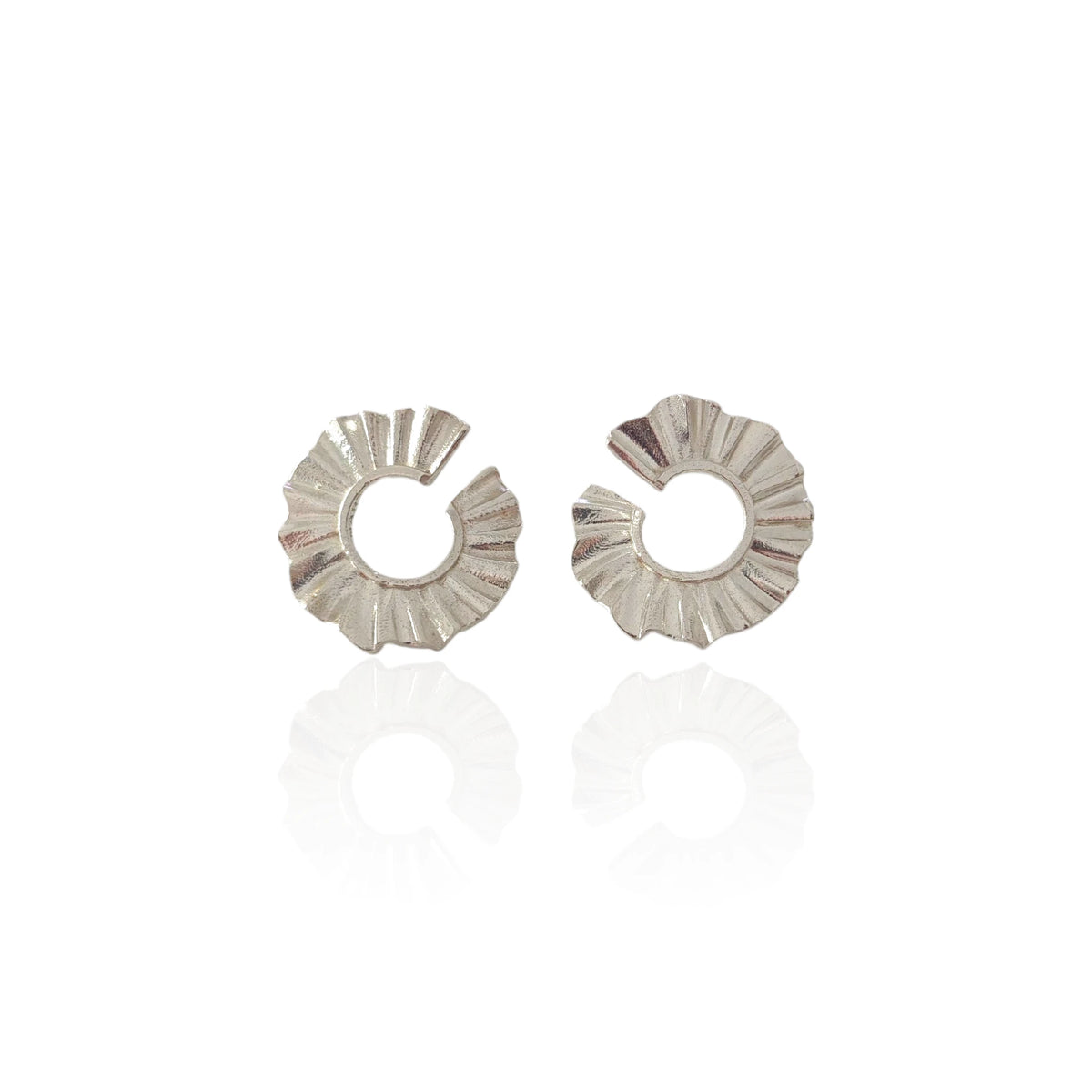 Helios Eclipse Stud Earrings in sterling silver 925 by Athenart, 2 cm sculptural open circle sun earrings with radiating folds.