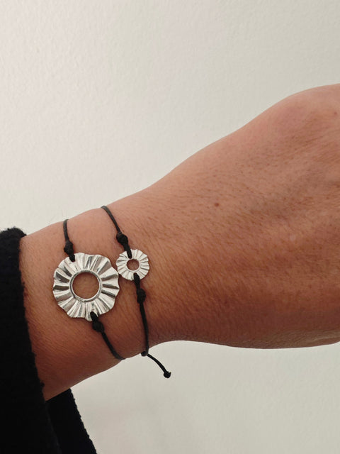 Athenart Helios cord bracelets—small 1 cm and medium 2 cm in sterling silver, stacked on wrist, handmade in Athens