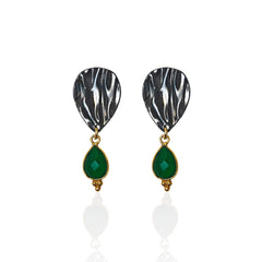 Peplos green onyx drop earrings,oxidized silver teardrop top with green stone