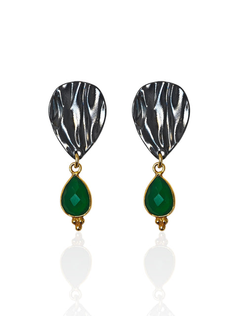Peplos green onyx drop earrings,oxidized silver teardrop top with green stone