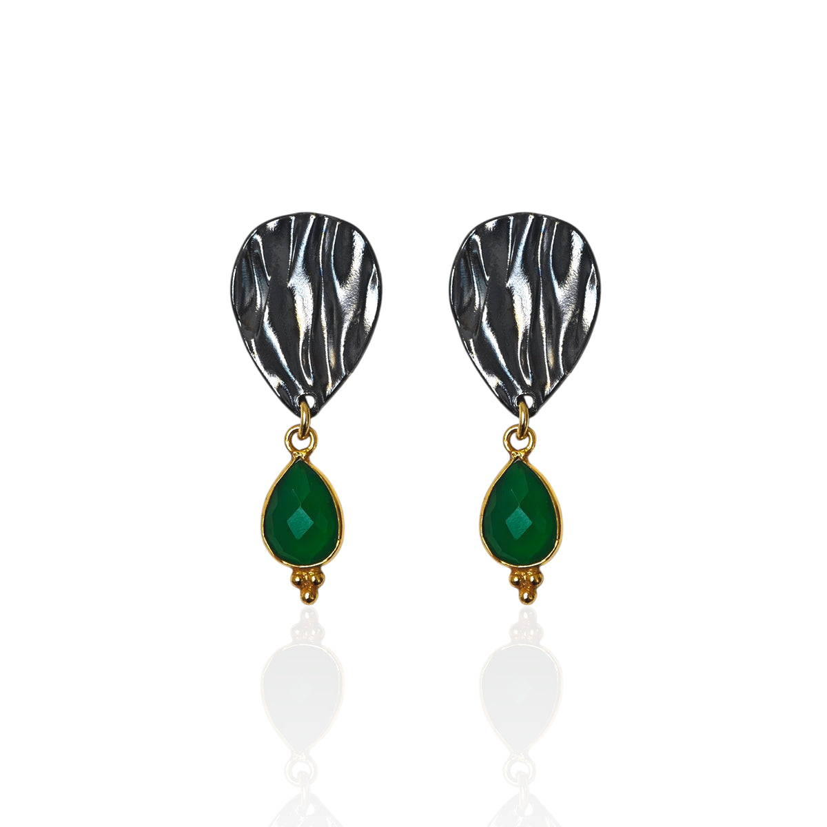 Peplos green onyx drop earrings,oxidized silver teardrop top with green stone