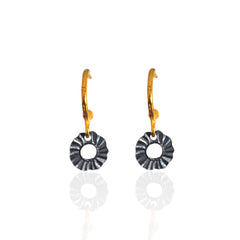 Helios mini hoop earrings with gold plated hoops and oxidized silver charms