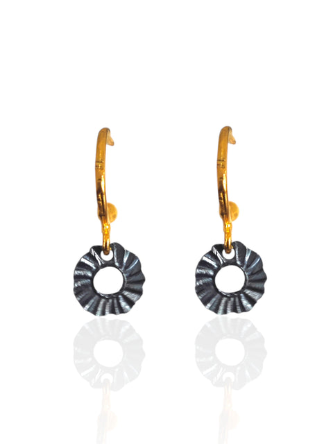 Helios mini hoop earrings with gold plated hoops and oxidized silver charms
