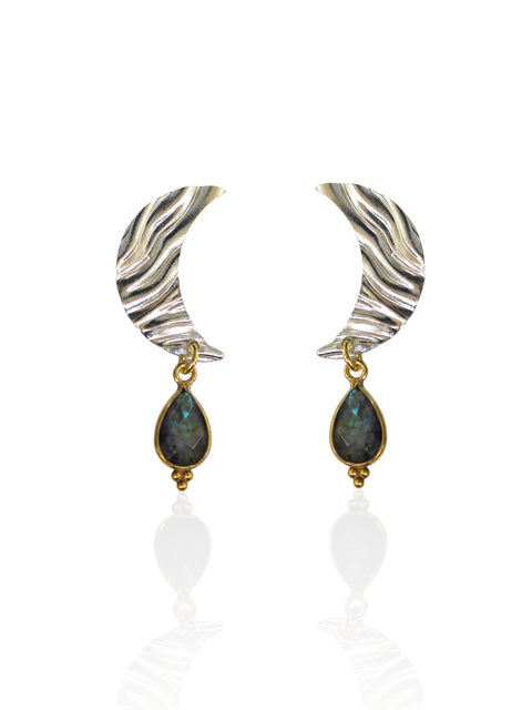 Textured crescent moon stud earrings with labradorite teardrop drop on white background