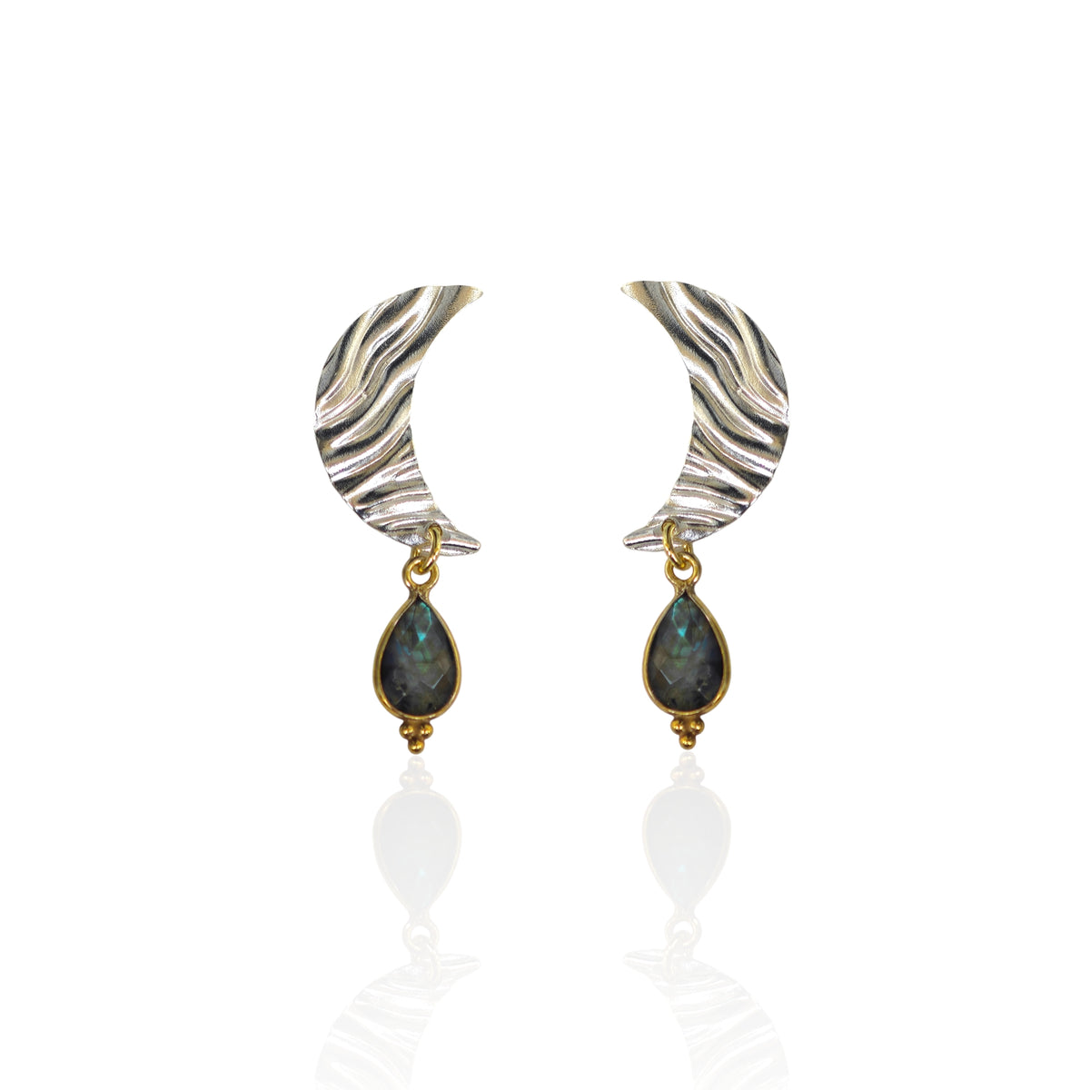 Textured crescent moon stud earrings with labradorite teardrop drop on white background
