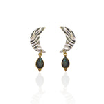 Textured crescent moon stud earrings with labradorite teardrop drop on white background