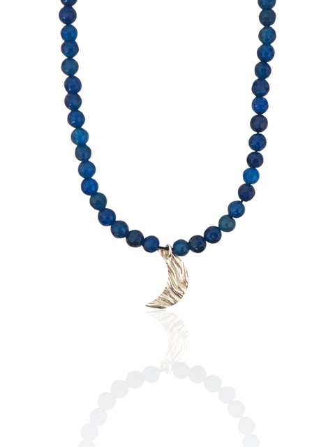 Blue jade necklace with sculptural moon pendant in sterling silver