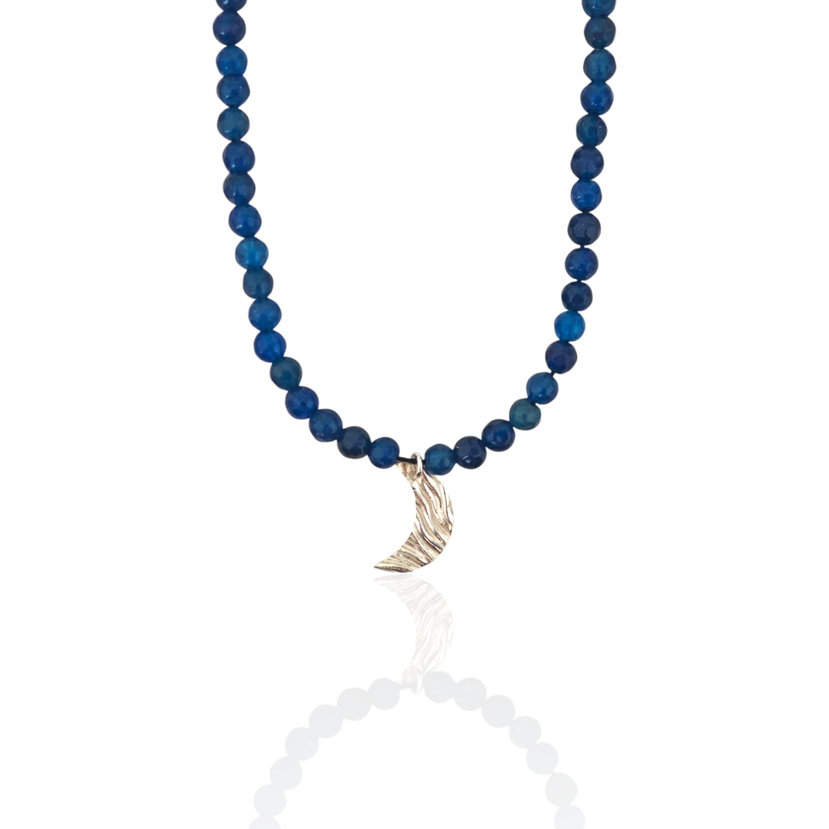 Blue jade necklace with sculptural moon pendant in sterling silver