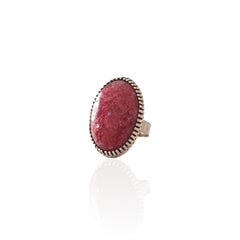 One-of-a-kind natural pink stone ring with stitched bezel setting, sterling silver 925