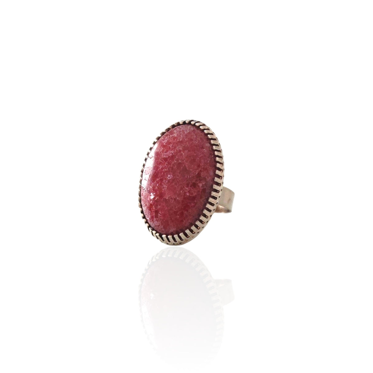 One-of-a-kind natural pink stone ring with stitched bezel setting, sterling silver 925