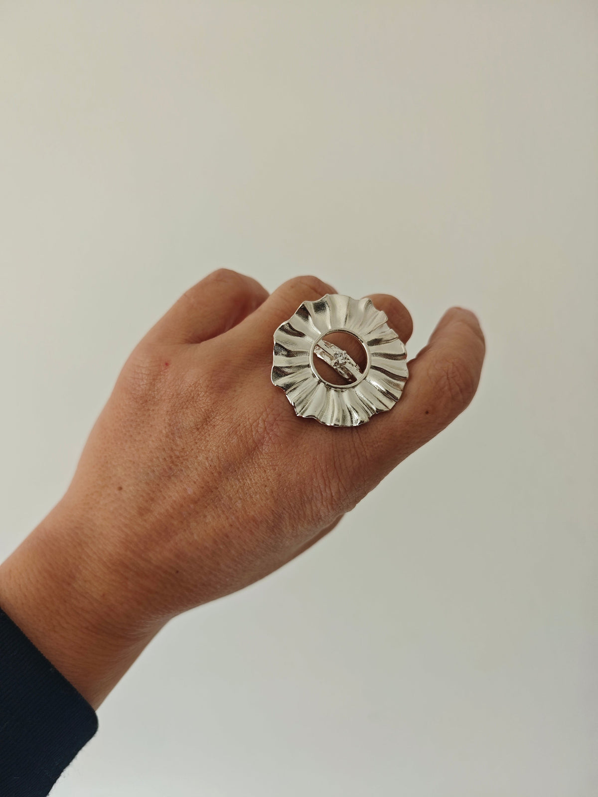 Big statement silver sun ring with zircon by Athenart 