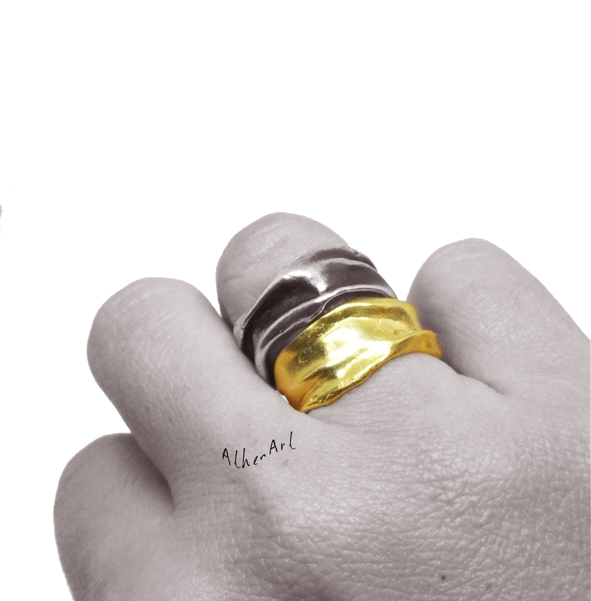 Mini Athenais Drapé ring on hand—sterling silver sculpted stacking band by Athenart