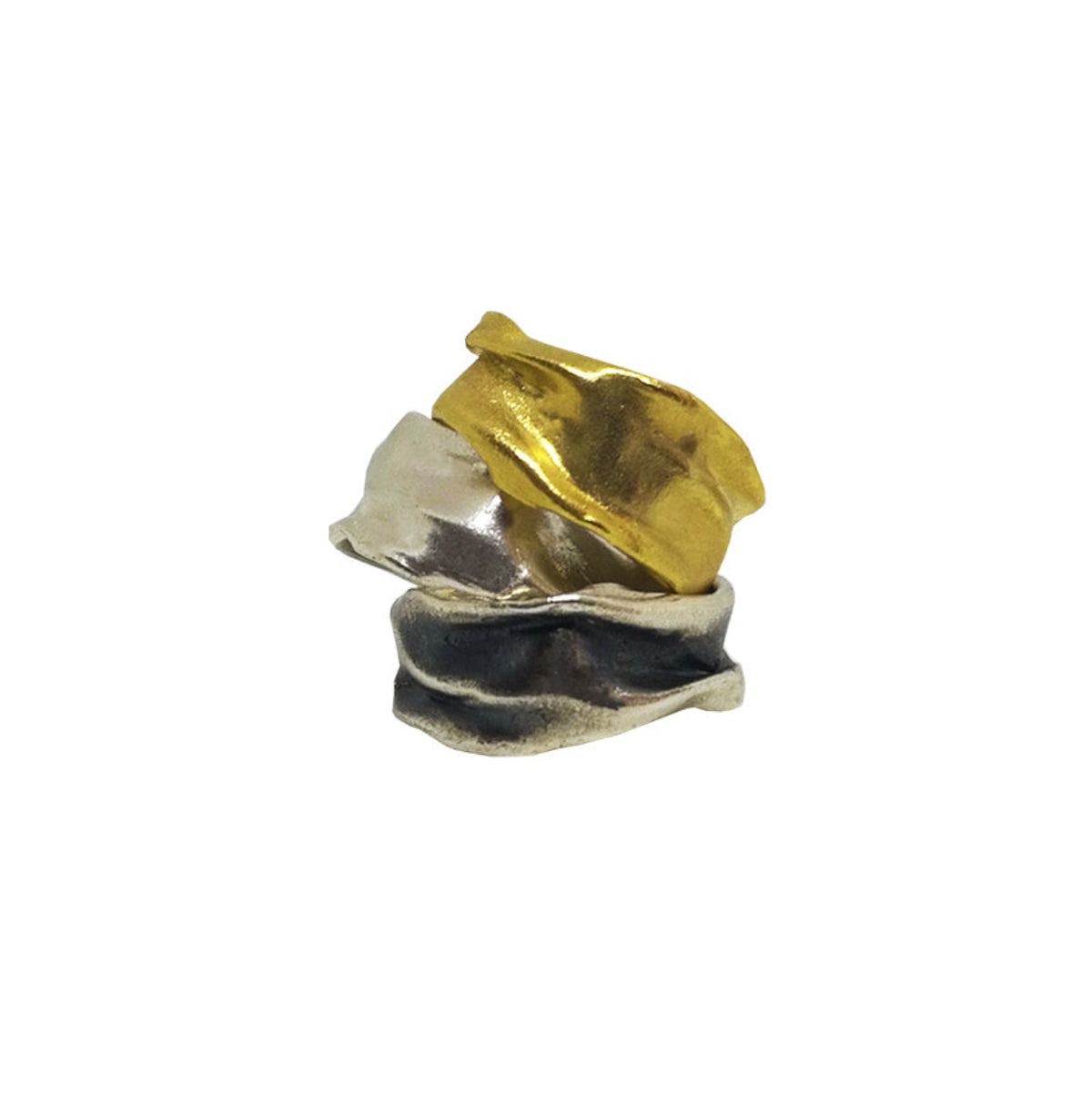 Mini Athenais Drapé ring stacked finishes, silver, partly oxidized, and gold-plated sterling silver