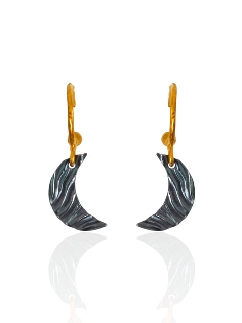 Selene Drapé Moon Earrings by Athenart, crescent moon earrings with textured oxidized charm and gold-plated hook
