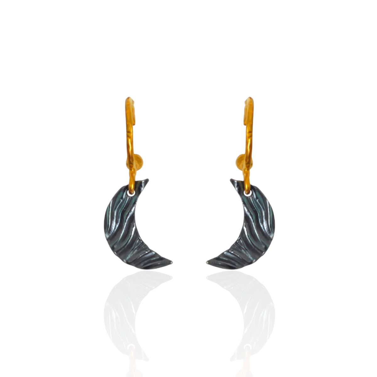 Selene Drapé Moon Earrings by Athenart, crescent moon earrings with textured oxidized charm and gold-plated hook