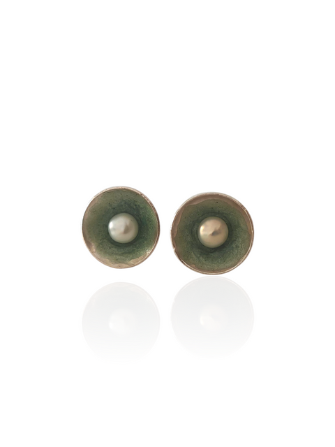 Nerida pearl stud earrings in Sterling Silver 925 with green textured interior by Athenart Jewelry