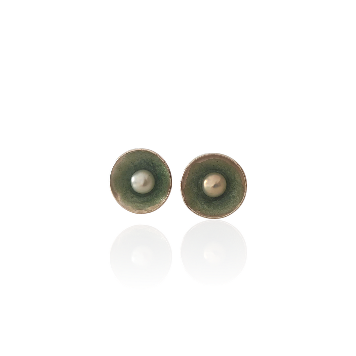 Nerida pearl stud earrings in Sterling Silver 925 with green textured interior by Athenart Jewelry