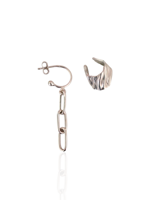 Sculptural Ear Cuff and Chain Link Set by Athenart in Silver 925 with one ear cuff and chain drop earring