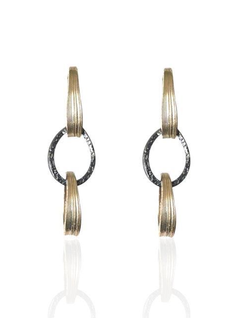 Orbit Link Earrings two-tone sterling silver, gold arcs with oxidized oval link 
