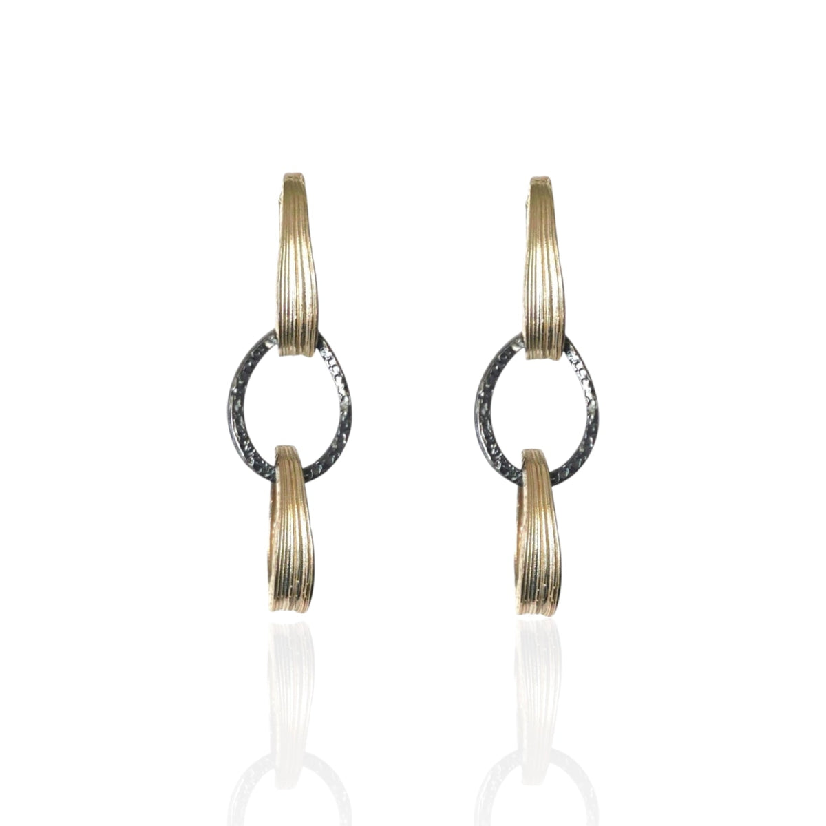 Orbit Link Earrings two-tone sterling silver, gold arcs with oxidized oval link 