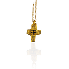 Handmade textured silver gold plated cross necklace with black zircons