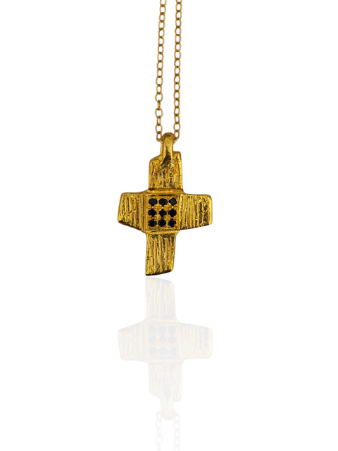 Handmade textured silver gold plated cross necklace with black zircons