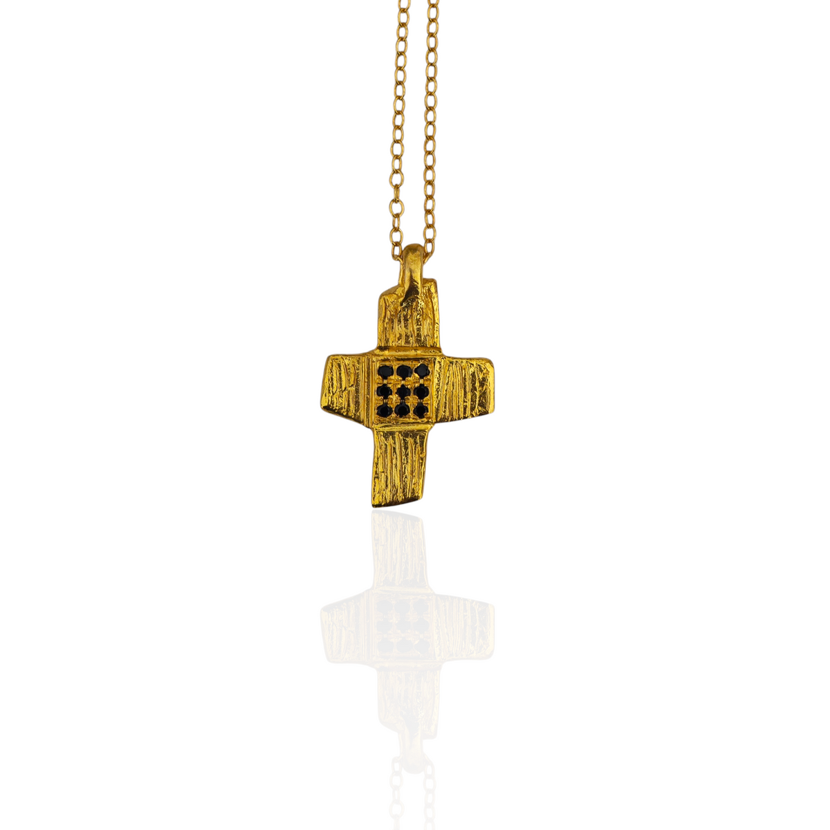 Handmade textured silver gold plated cross necklace with black zircons