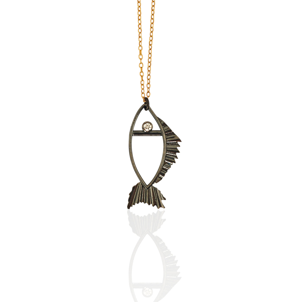 Medium Galene fish necklace in all black oxidized silver with white zircon