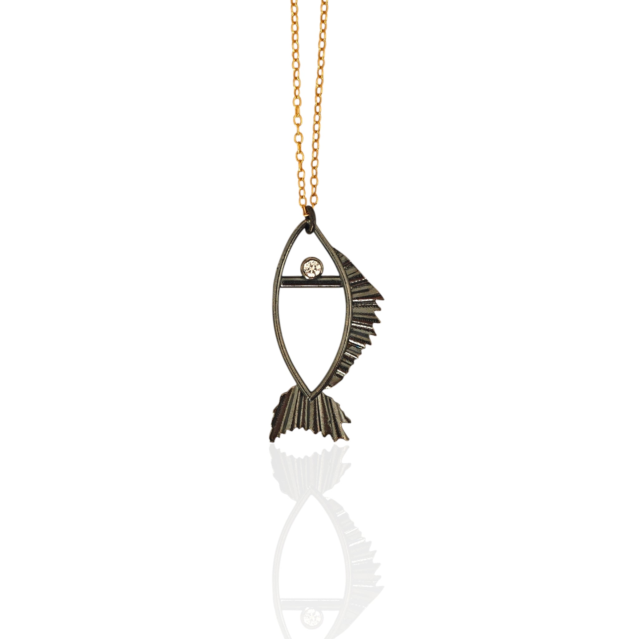 Medium Galene fish necklace in all black oxidized silver with white zircon