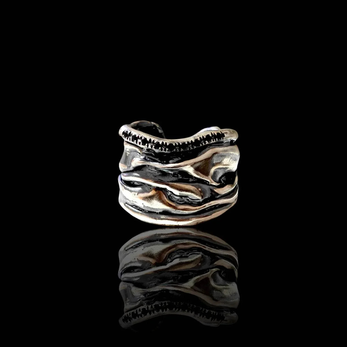 Oxidized silver Athenais Notos Ring with black zircon line, handcrafted in Athens