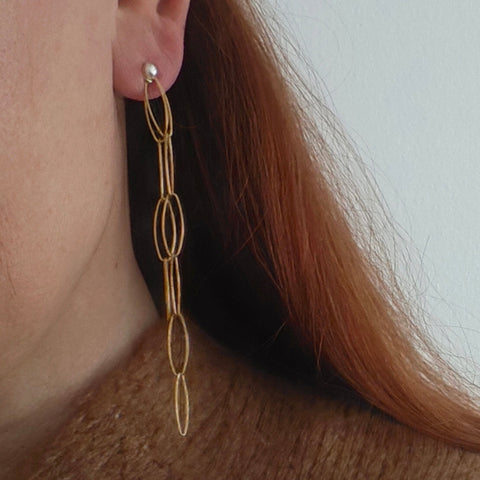 Gold chain earring worn by a person with light skin and brown hair.