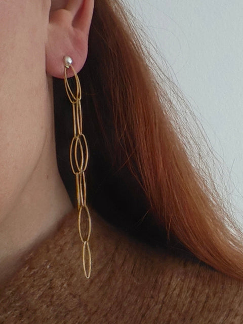 Gold chain earring worn by a person with light skin and brown hair.