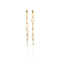 Gold chain earrings with pearl-like ends on a white background