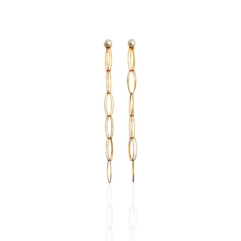 Gold chain earrings with pearl-like ends on a white background