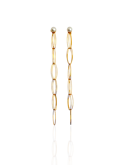 Gold chain earrings with pearl-like ends on a white background