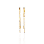 Gold chain earrings with pearl-like ends on a white background